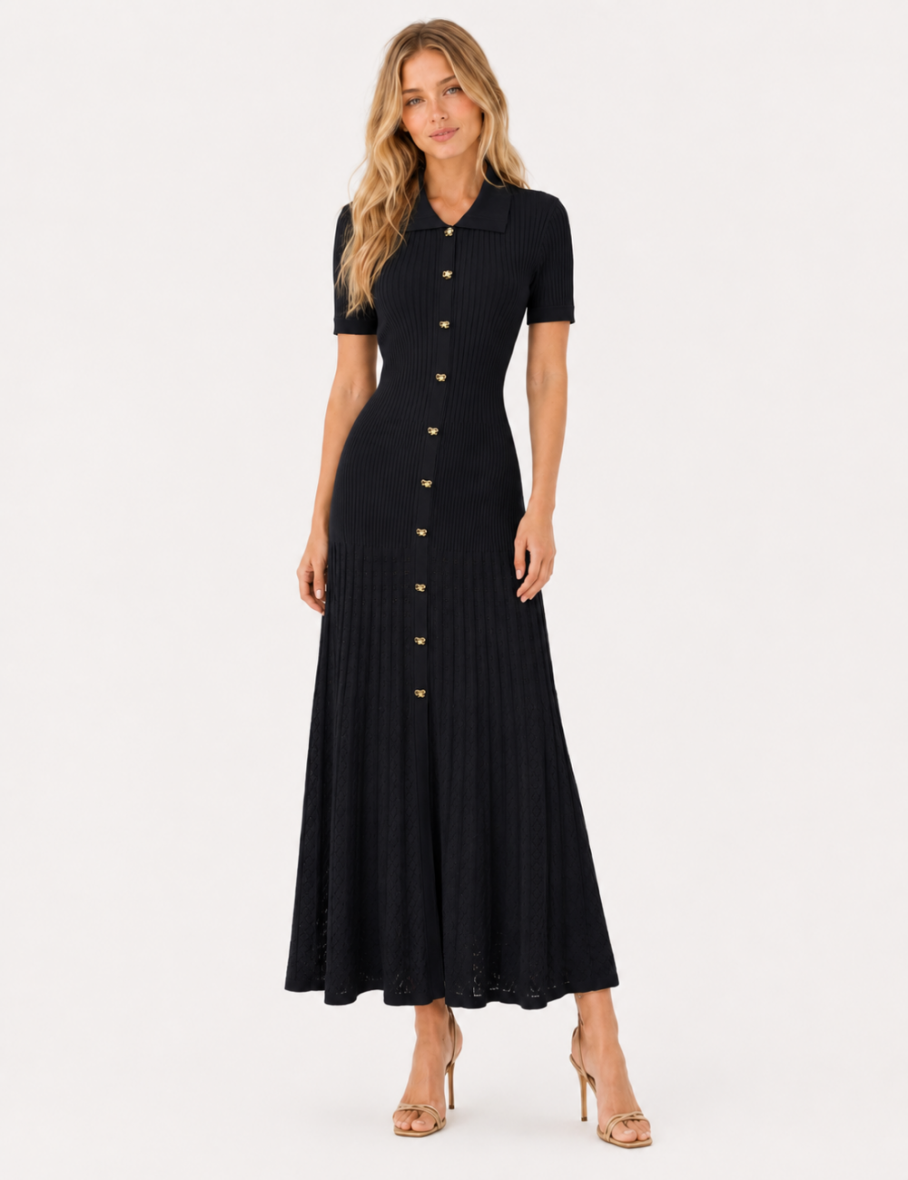 Ladies Chic Ribbed Polo Collar Short Sleeves Maxi Dress