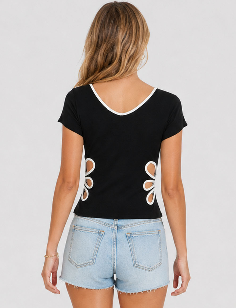 Ladies Color Block V-Neck Side Cutout Short Sleeves T-Shirt