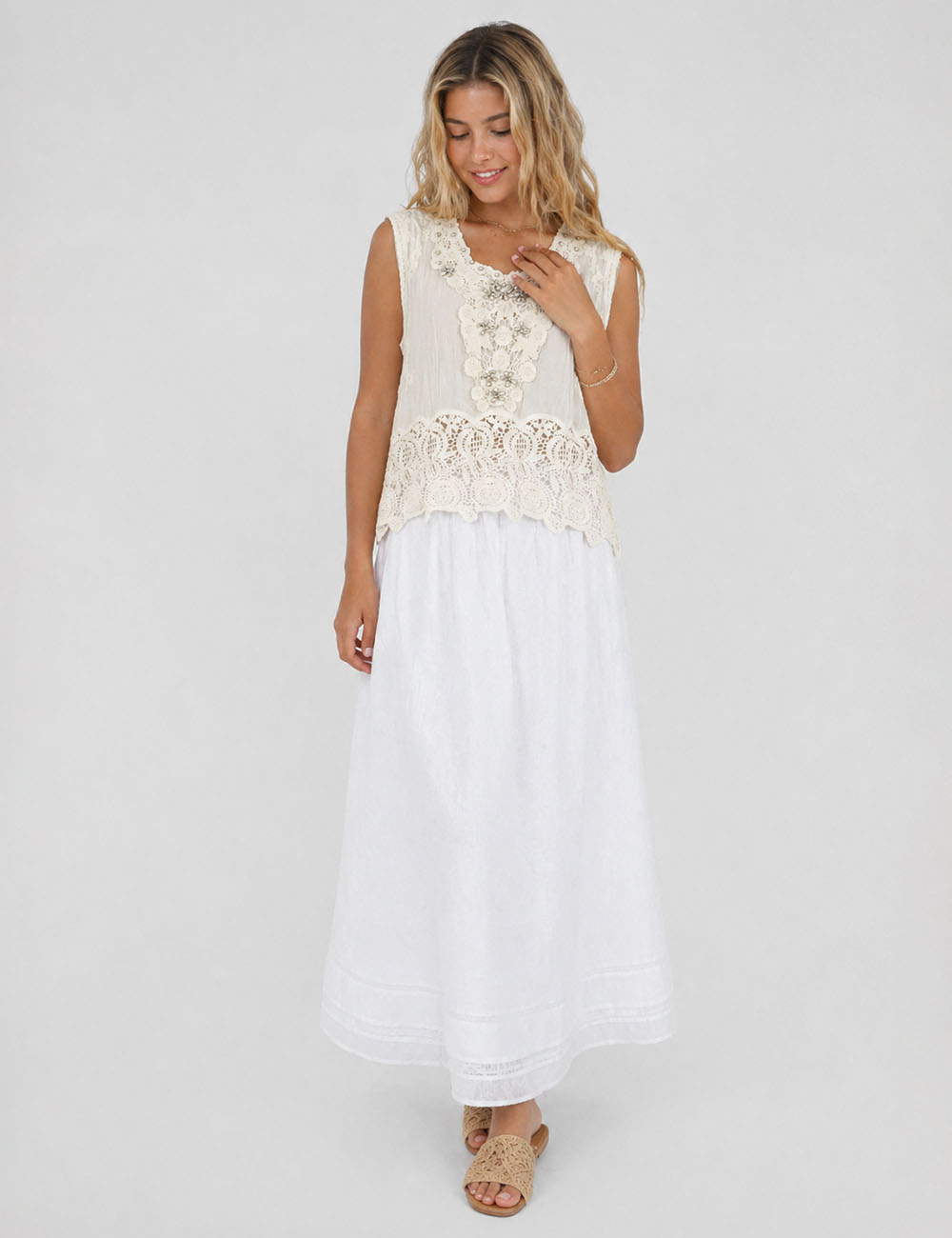 Ladies Crochet Lace Rhinestone Beaded Sleeveless Top