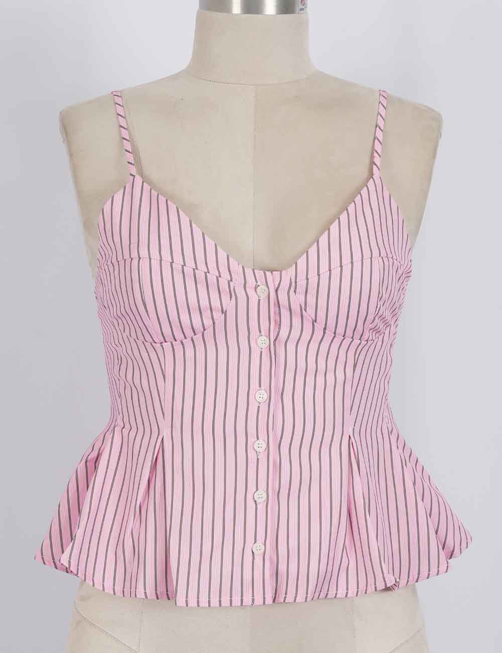 Ladies Chic Striped Spaghetti Strap Button Front Peplum Cami Top