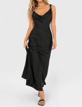 Ladies Chic Satin Cowl Neck Sleeveless Back Tie Midi Dress