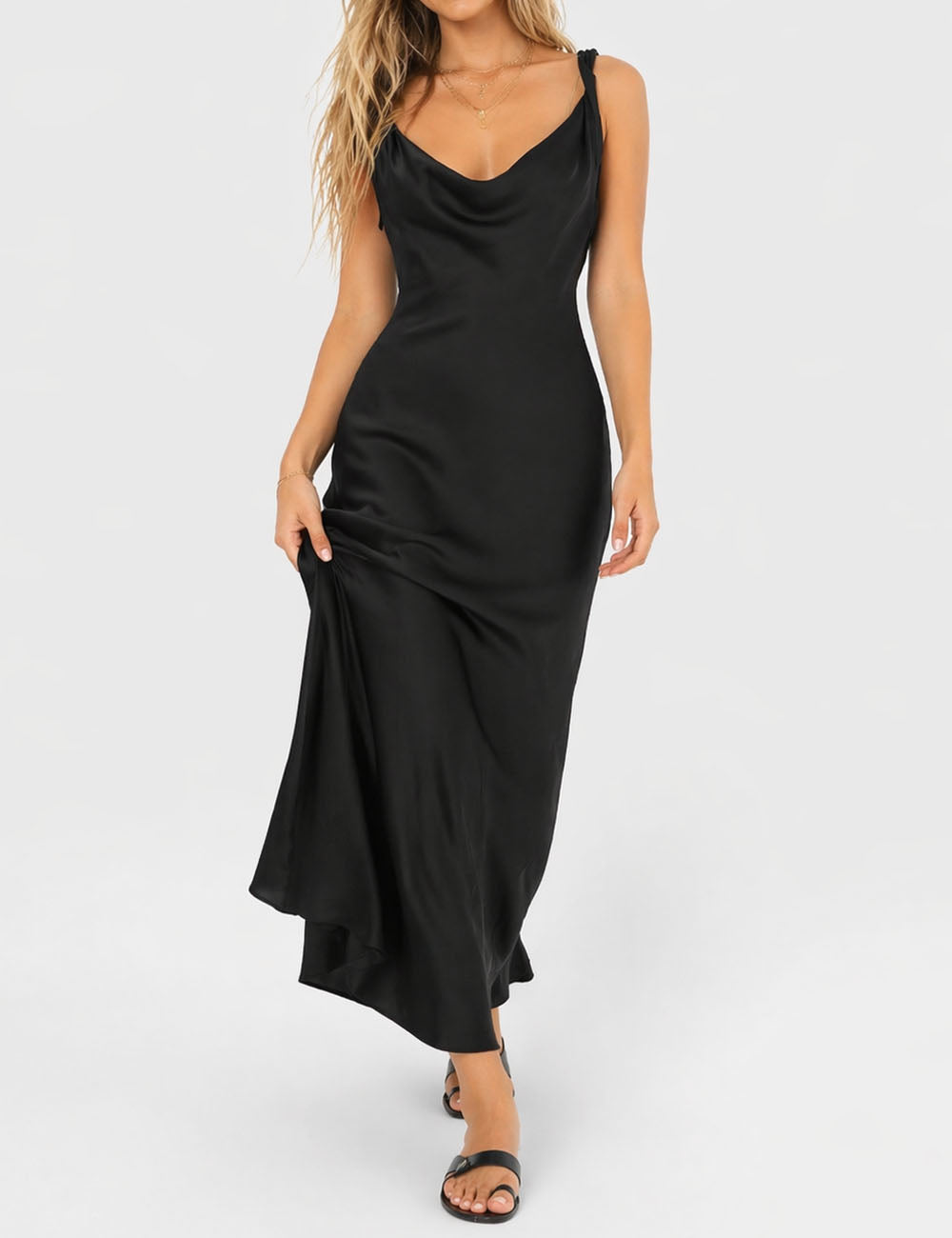 Ladies Chic Satin Cowl Neck Sleeveless Back Tie Midi Dress