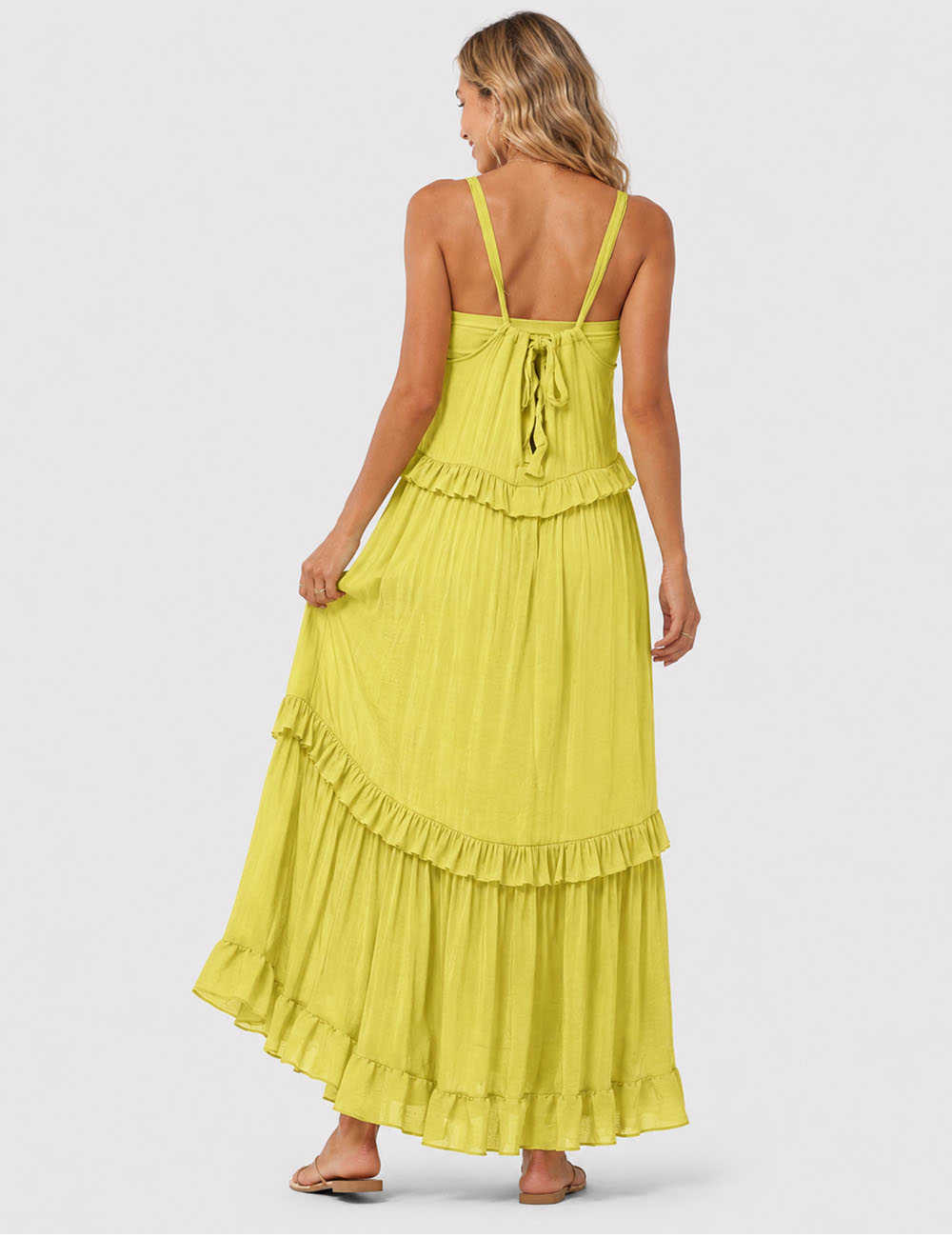 Ladies Boho Ruffle Tiered Hem Sleeveless Solid Color Maxi Dress