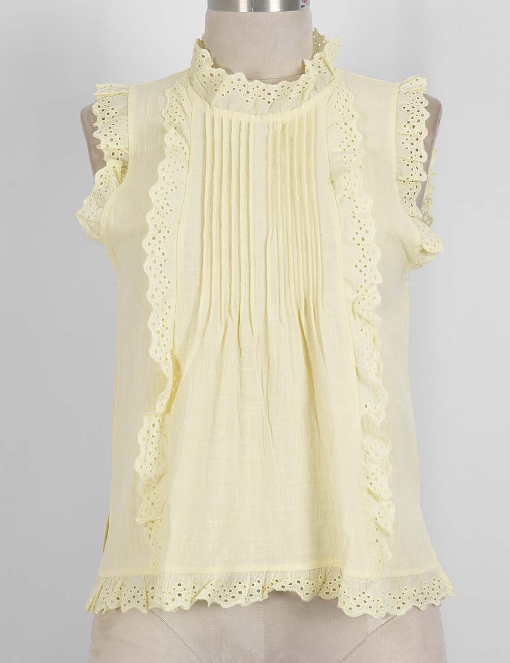 Ladies Boho Eyelet Lace Pleated Round Neck Sleeveless Babydoll Top