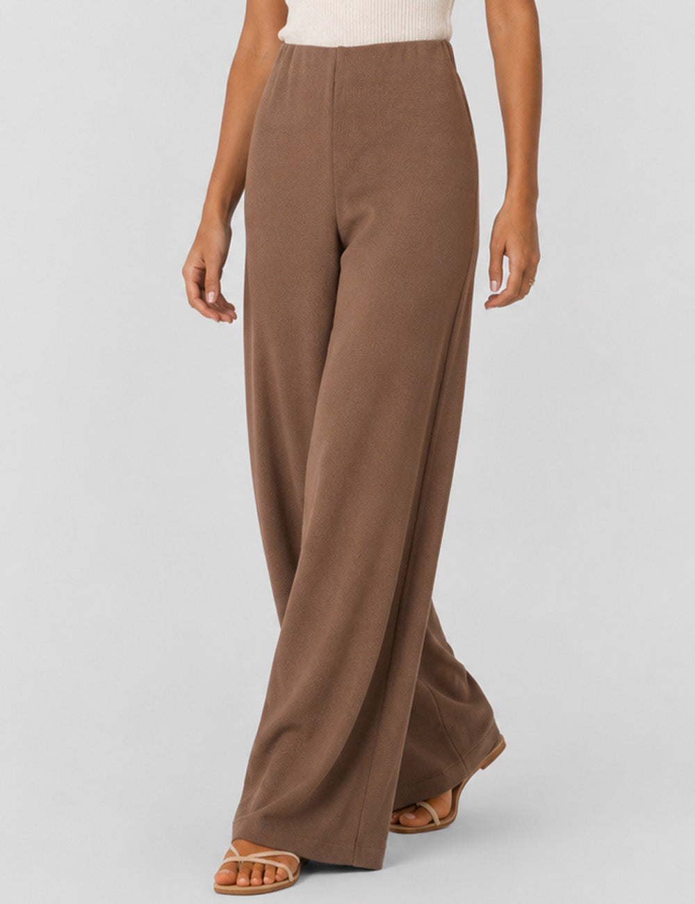 Ladies Solid Color Elastic Waist Wide Leg Pants