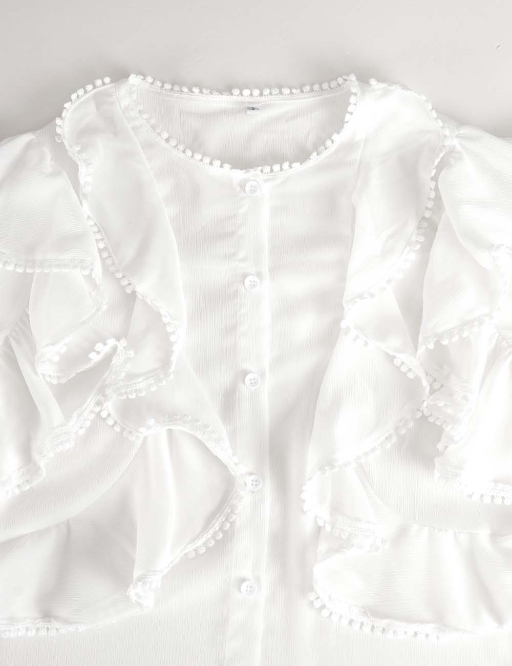 Ladies Elegant Ruffle Trim Button Front Long Sleeves Blouse