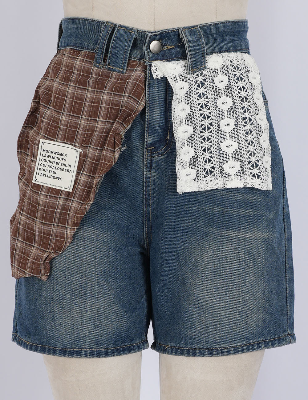 Ladies  Plaid Lace Patchwork Wide Leg Denim Shorts