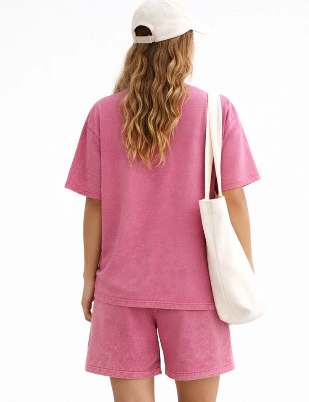 Ladies Washed Round Neck Short Sleeves T-shirt & Shorts Matching Set