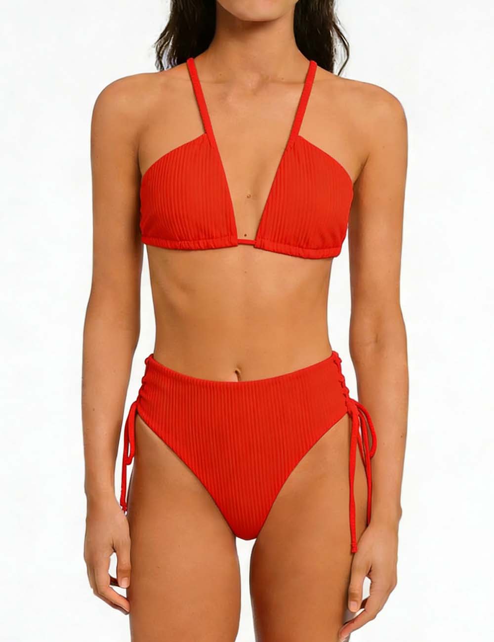 Ladies Solid Color Shoulder String Tie Bikini Set 8BK3WST317