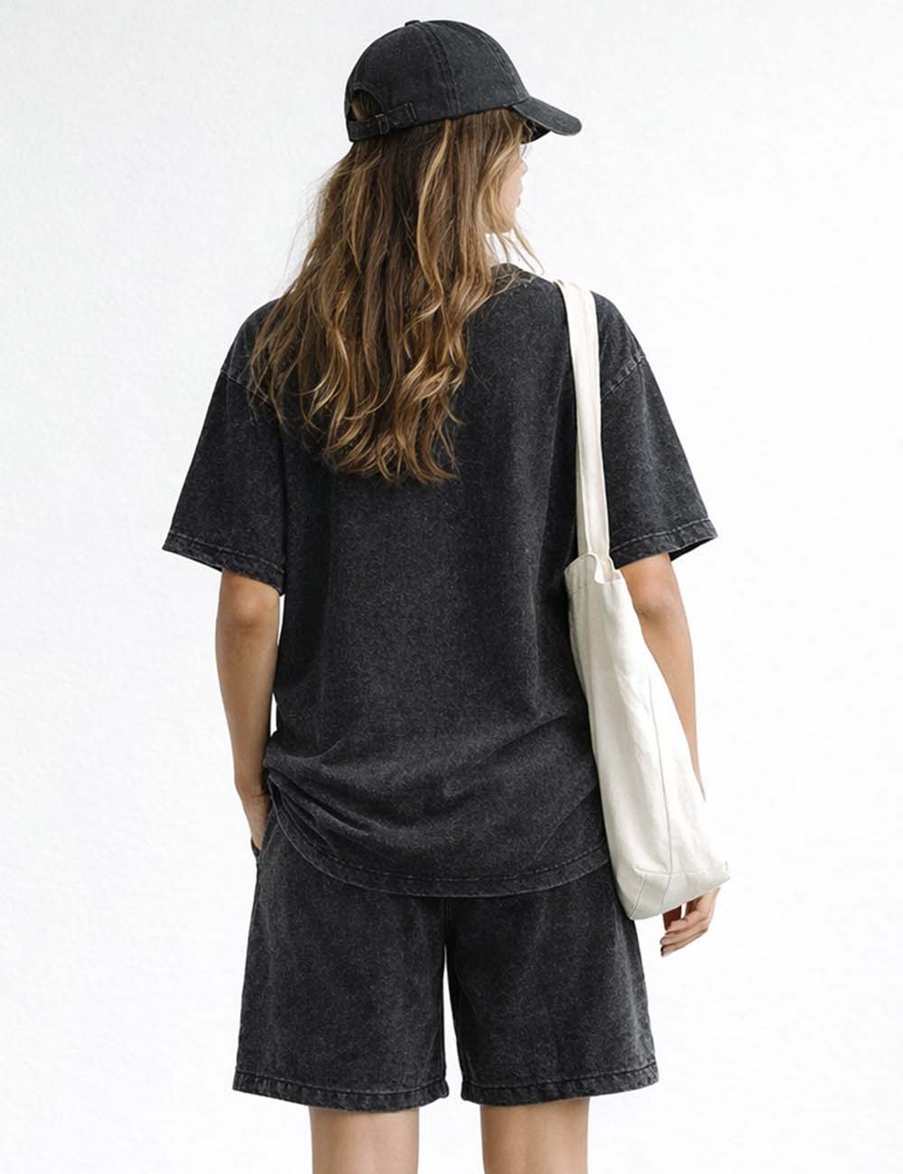 Ladies Washed Round Neck Short Sleeves T-shirt & Shorts Matching Set