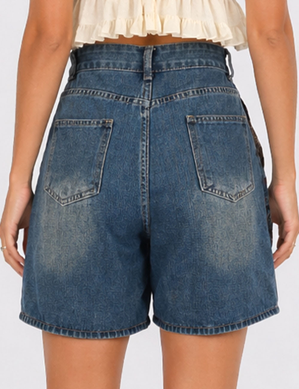Ladies  Plaid Lace Patchwork Wide Leg Denim Shorts