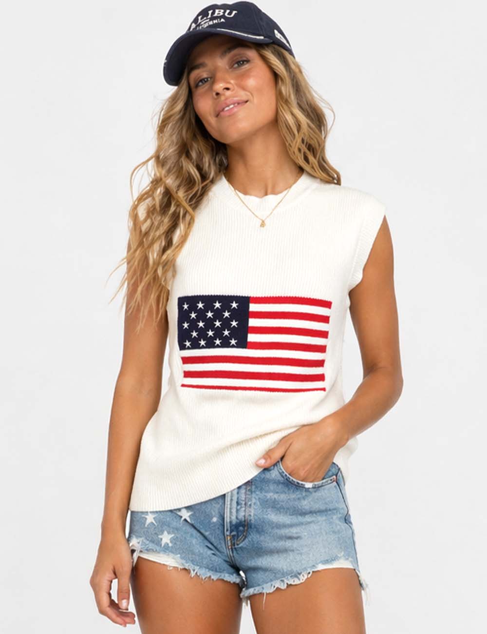 Ladies Flag Pattern Sleeveless July 4th Knit Sweater Vest