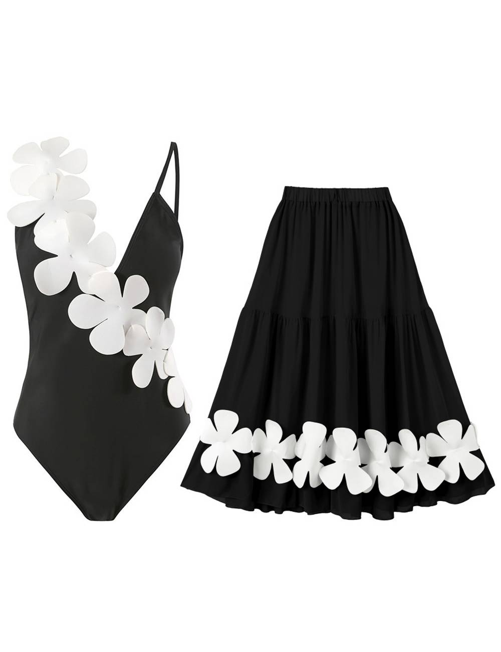 Flower Shoulder One Piece Swimwear 2PCS Set SKSW40141
