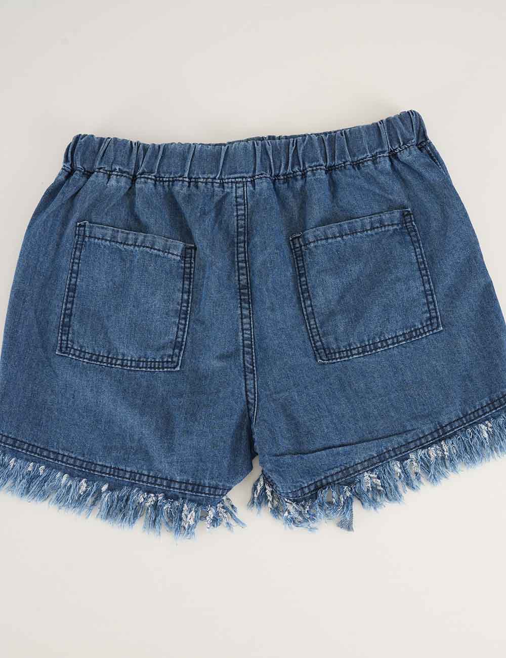 Ladies Solid Color Drawstring Waist Frayed Hem Denim Shorts