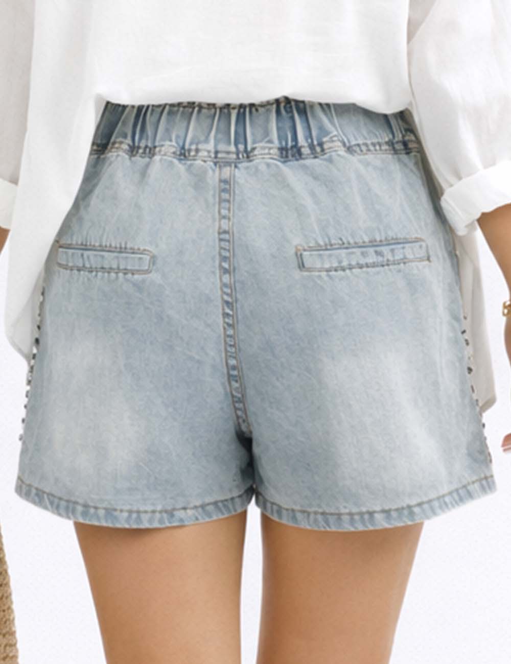 Ladies Rhinestone Star Drawstring Waist Wide Leg Denim Shorts
