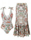 Ladies Floral Print One-Piece Swimsuit with Ruffle Hem Cover Up Skirt Set