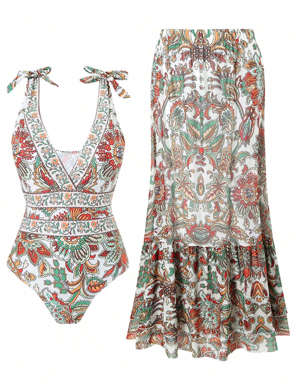 Ladies Floral Print One-Piece Swimsuit with Ruffle Hem Cover Up Skirt Set