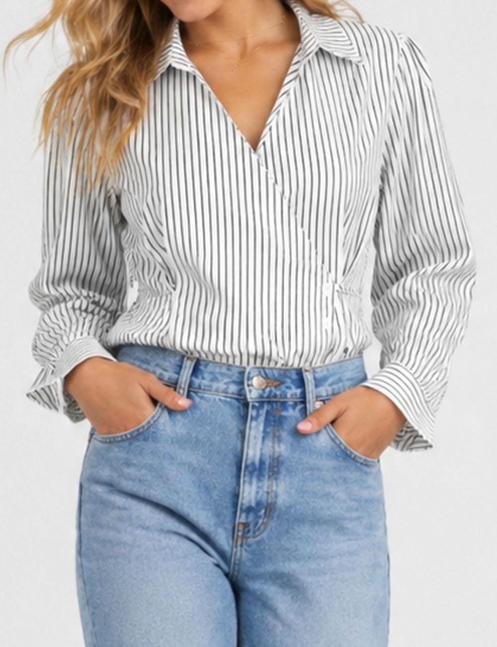Ladies Striped Wrap V-Neck Tie Waist Long Sleeves Blouse