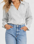 Ladies Striped Wrap V-Neck Tie Waist Long Sleeves Blouse