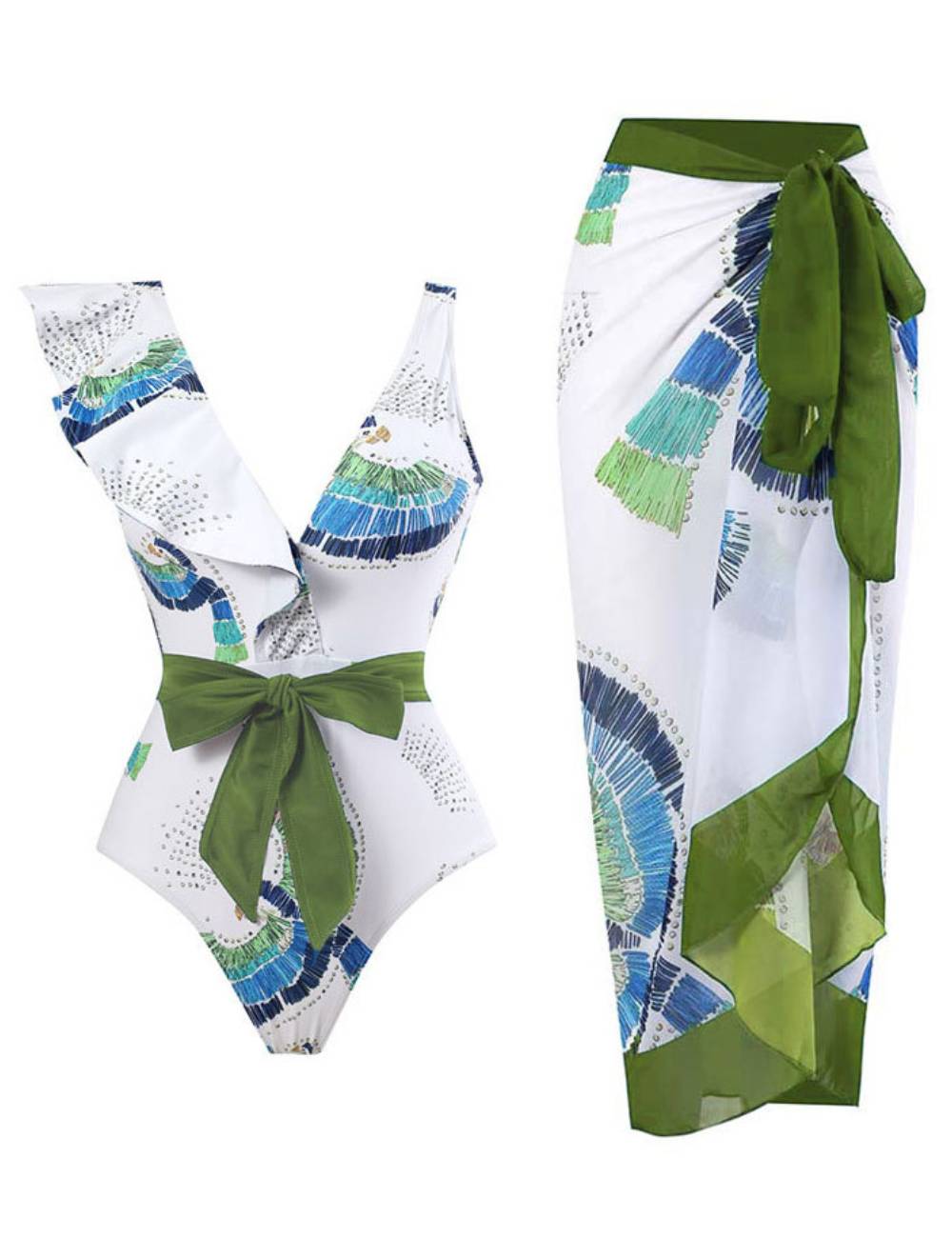 Ruffle Shoulder Waist Tie One Swimwear with Cover SKSW40129