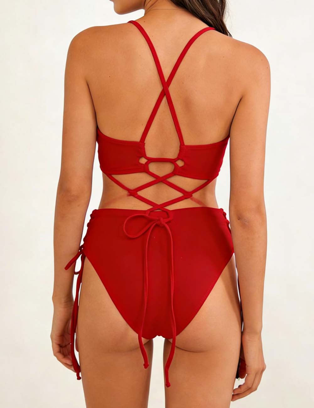Ladies Solid Color Shoulder String Tie Bikini Set 8BK3WST317