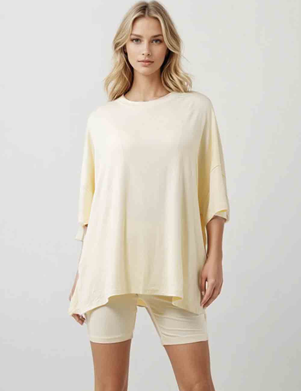 Ladies Solid Loungewear Outfits Loose Top & Slim Shorts Set