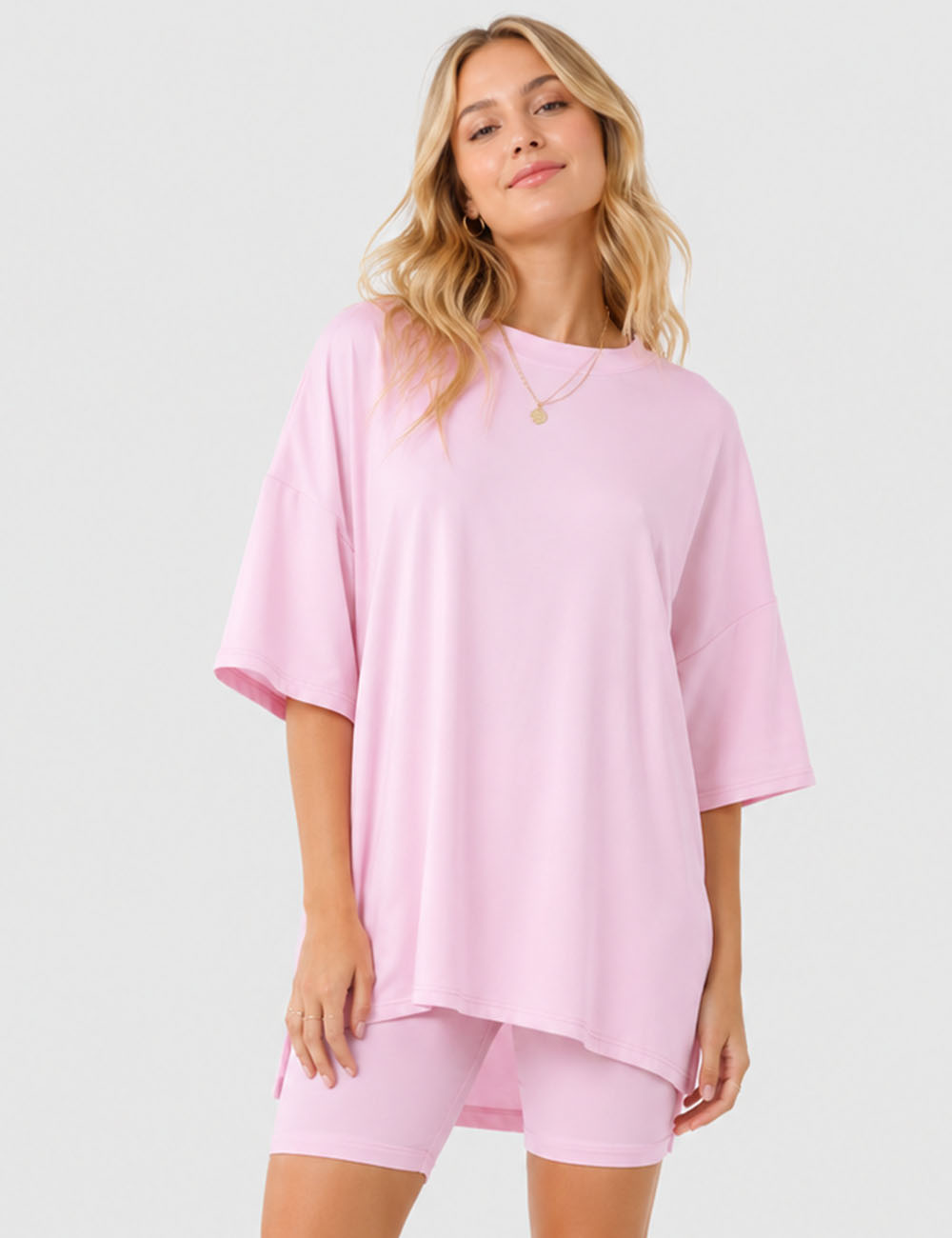 Ladies Solid Loungewear Outfits Loose Top & Slim Shorts Set