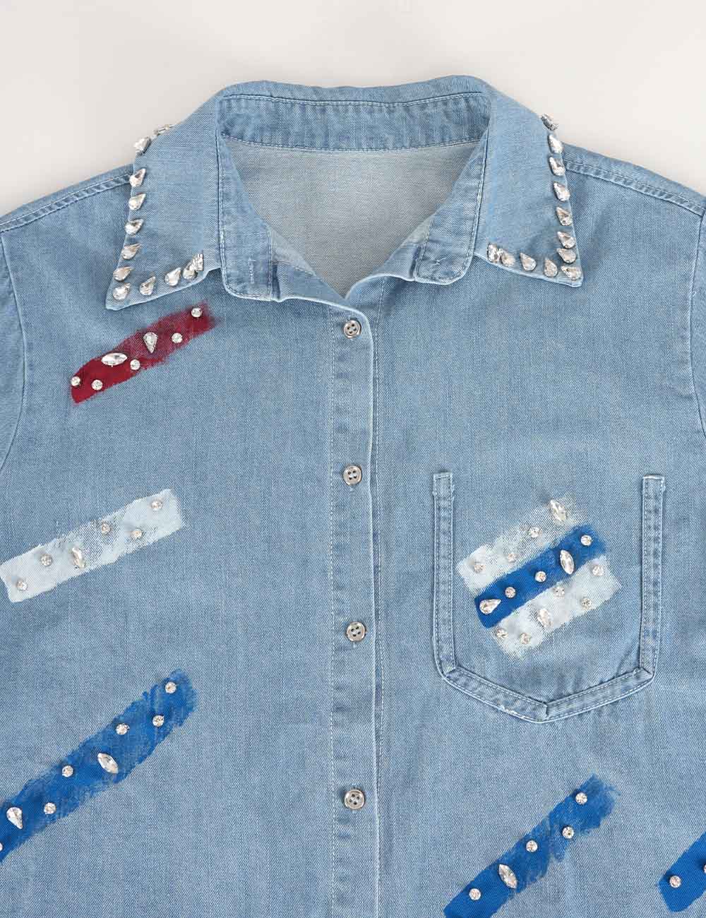 Ladies Rhinestone Shirt Collar Short Sleeves Button-Up Denim Top