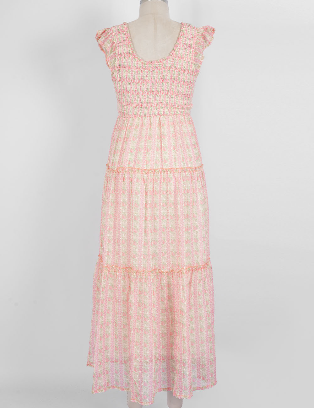Ladies Floral Print Ruffle Sleeves Tiered Hem Smocked Maxi Dress