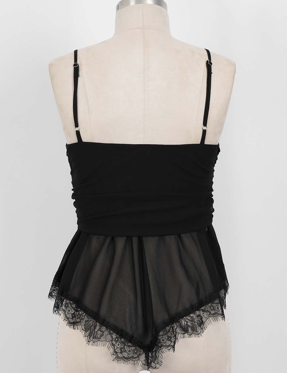 Ladies Sheer Mesh Lace Hem Spaghetti Strap Cami Top