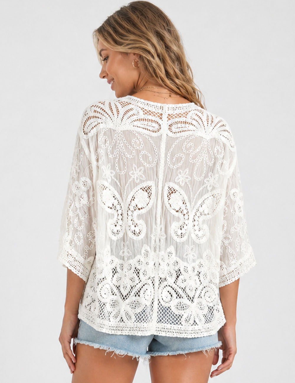 Ladies Crochet Embroidered Kimono Sleeves Cardigan