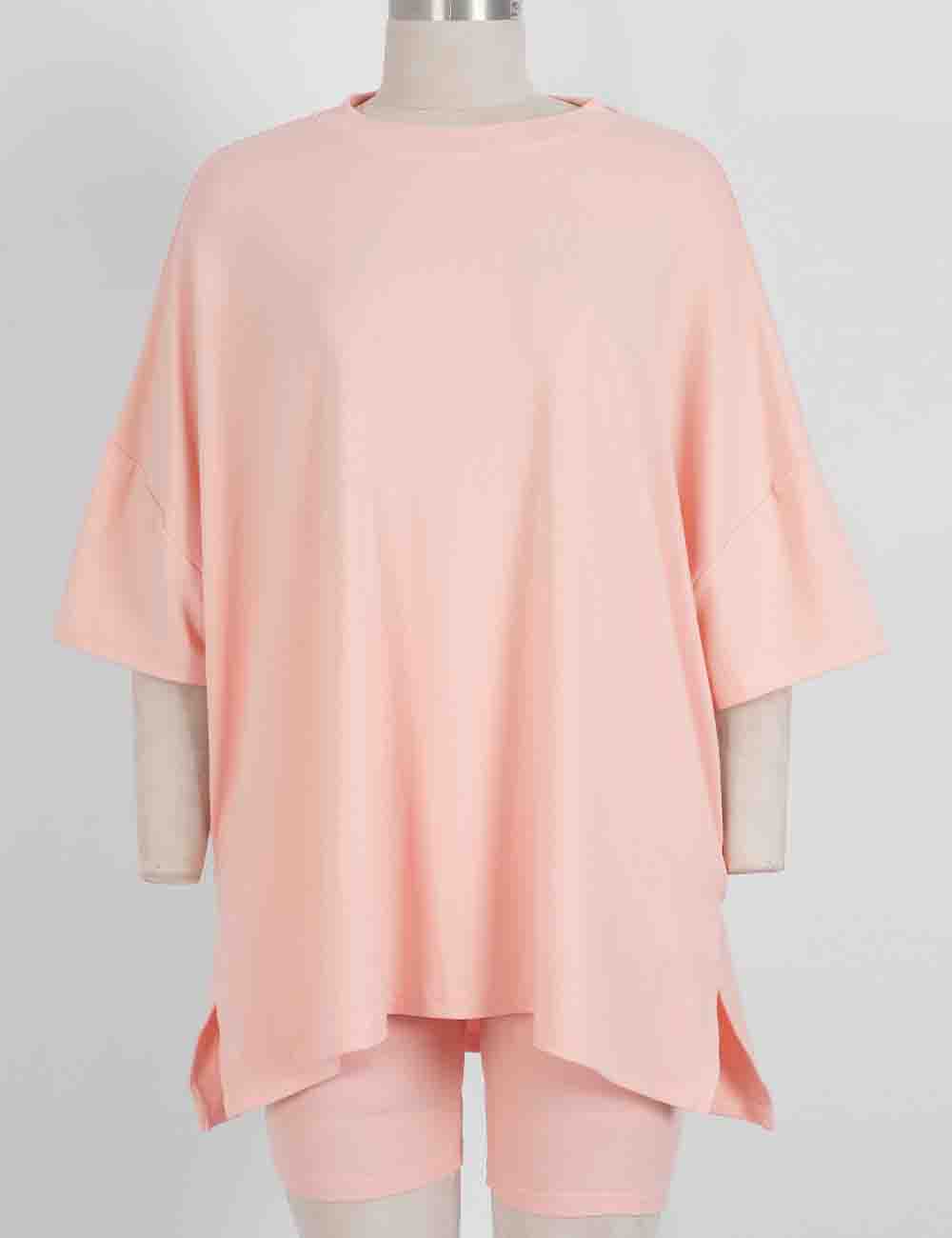 Ladies Solid Loungewear Outfits Loose Top & Slim Shorts Set
