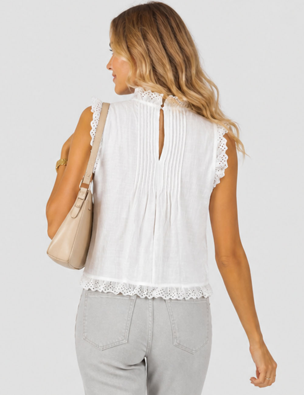 Ladies Boho Eyelet Lace Pleated Round Neck Sleeveless Babydoll Top