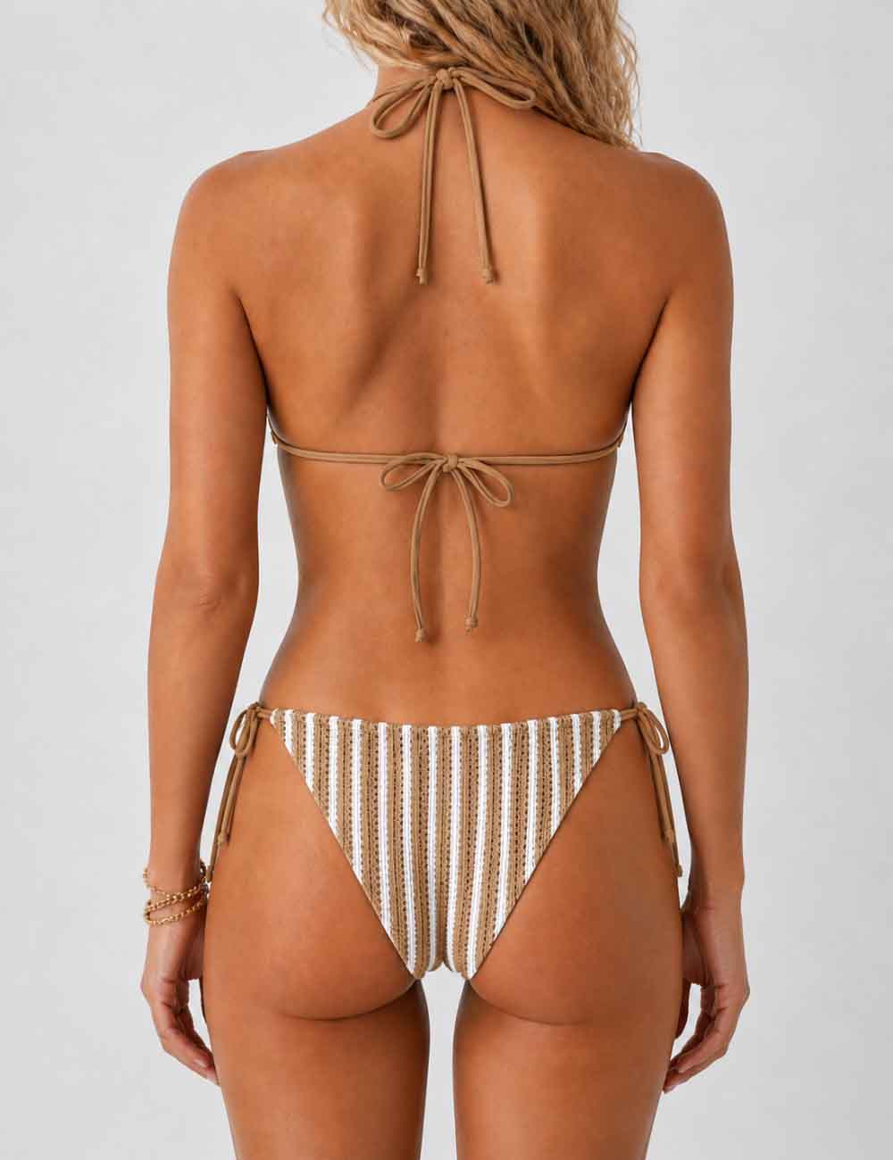 Ladies Striped Crochet Triangle 3 Piece Bikini Set With Cover Up Shorts