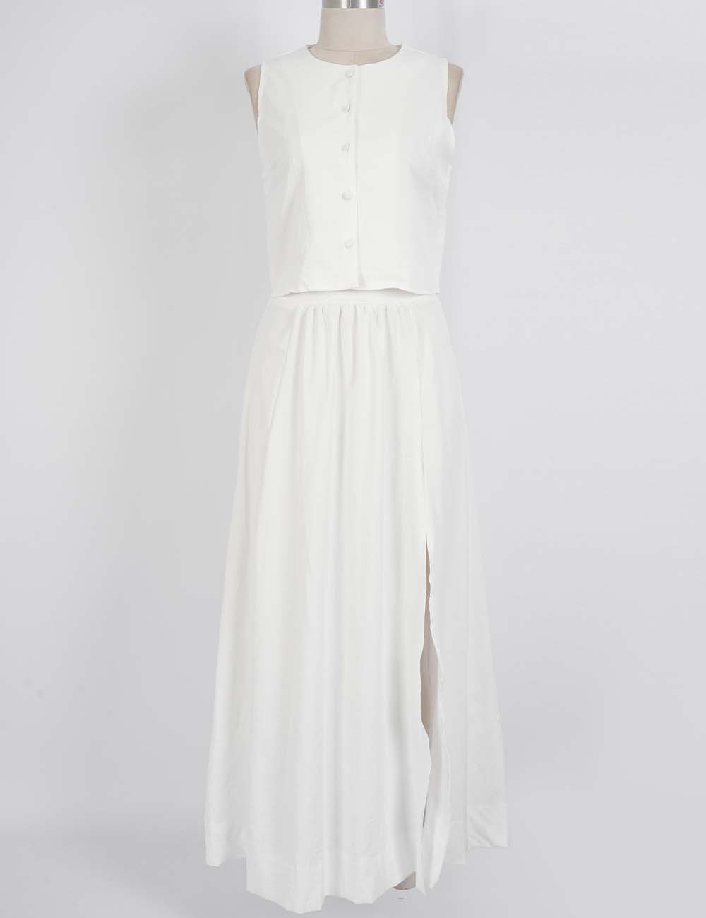 Ladies Chic Sleeveless Button Crop Top & Split Maxi Skirt Matching Set