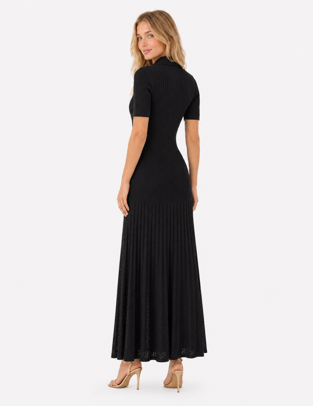 Ladies Chic Ribbed Polo Collar Short Sleeves Maxi Dress
