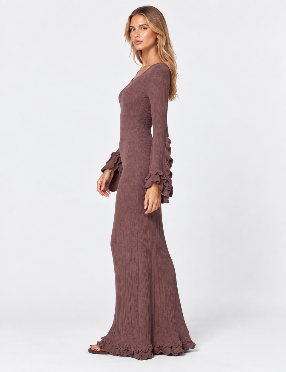 Ladies Round Neck Ruffle Flare Sleeves Ribbed Knit Maxi Dress