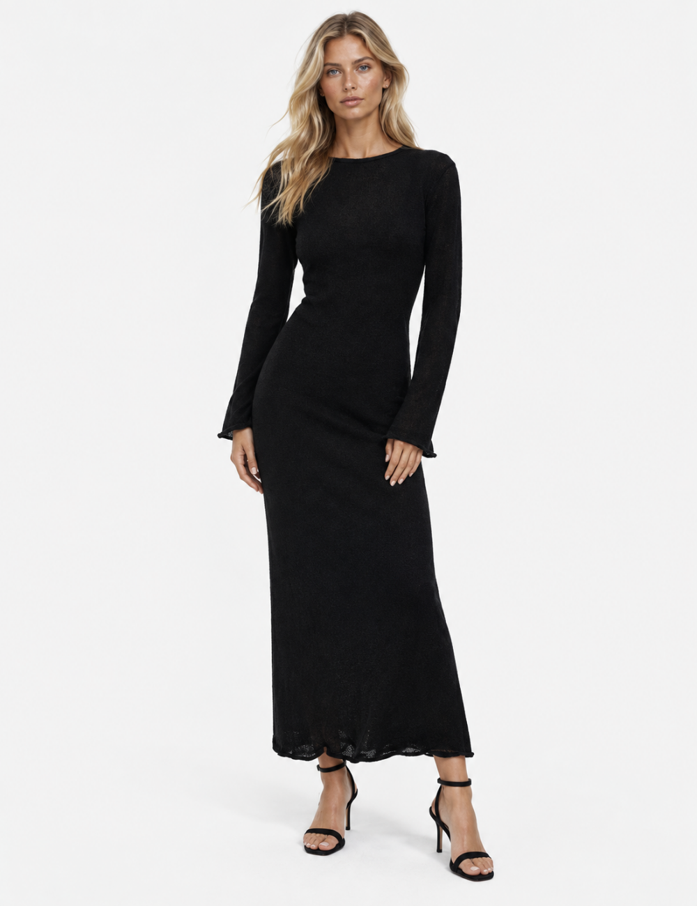 Ladies See Through Round Neck Long Sleeves Maxi Dress
