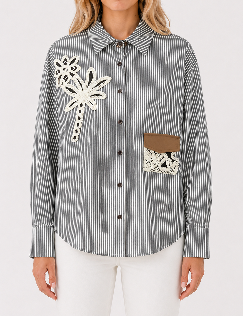 Ladies Striped Embroidery Floral Pocket Button-Down Shirt
