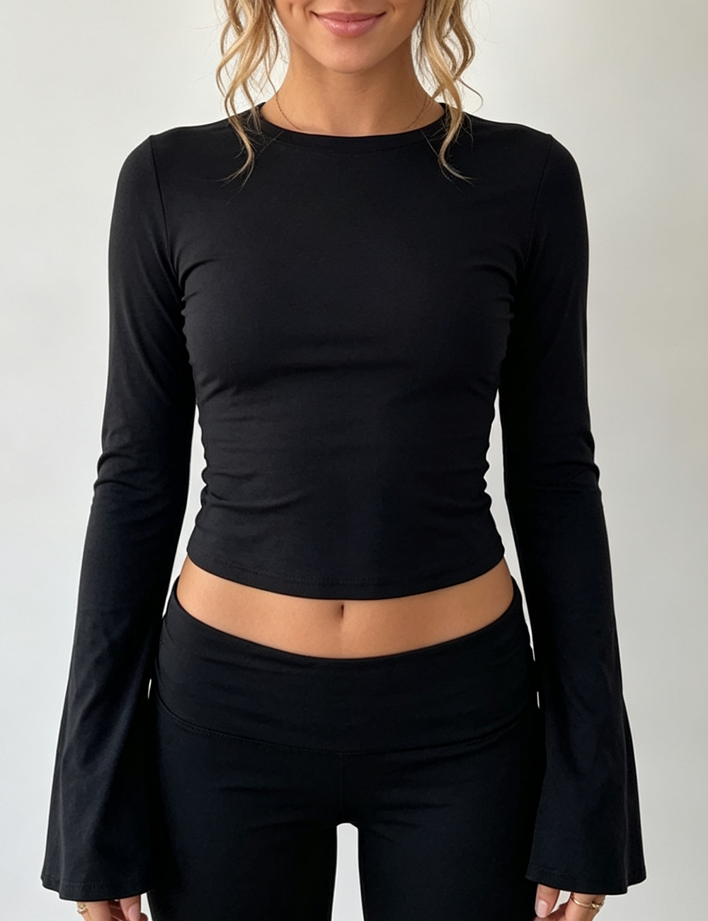 Ladies Casual Solid Round Neck Flare Sleeves Top