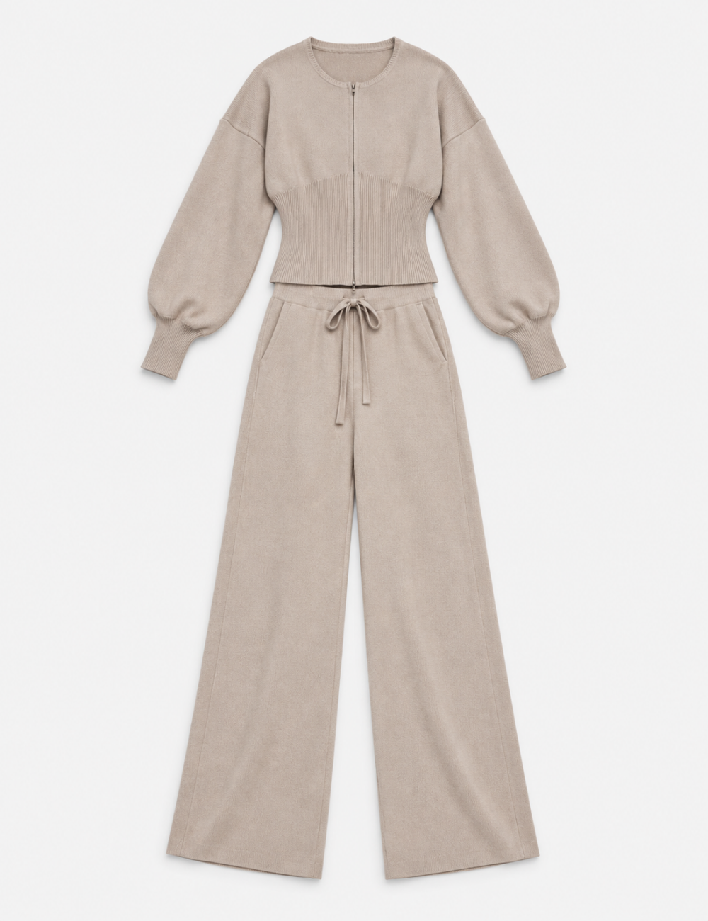 Ladies Zip-Up Solid Color Knit Top & Pants 2PCS Set
