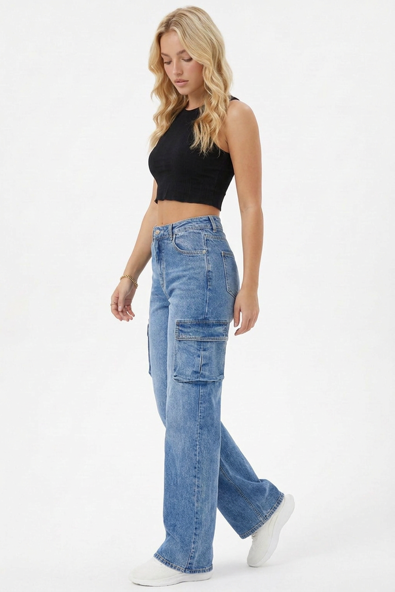 Women's High Waist Relaxed Fit Wide Leg Cargo Jeans