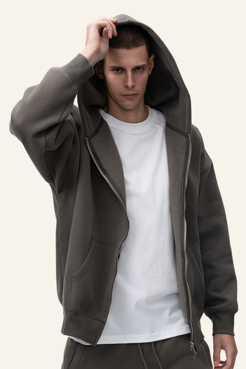 Men's Streetwear Fleece-lined  Full-Zipper Hooded Jaacket