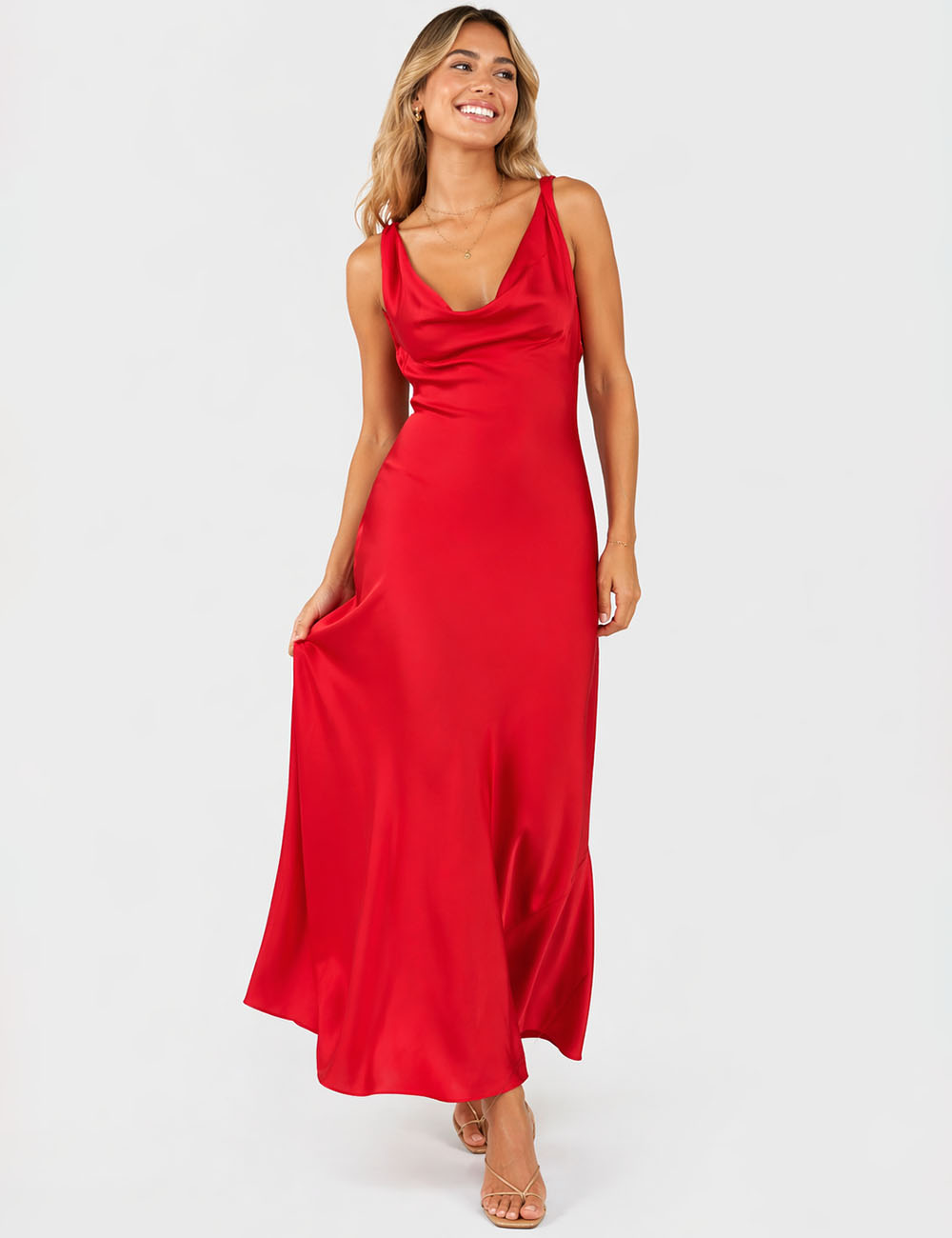 Ladies Chic Satin Cowl Neck Sleeveless Back Tie Midi Dress