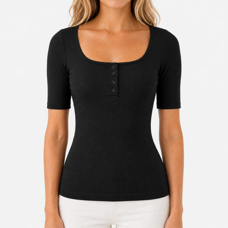Ladies Scoop Neck Button Short Sleeve Top
