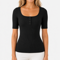 Ladies Scoop Neck Button Short Sleeve Top