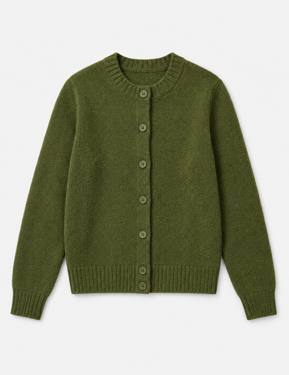 Ladies Solid Color Button Front Crew Neck Knit Cardigan