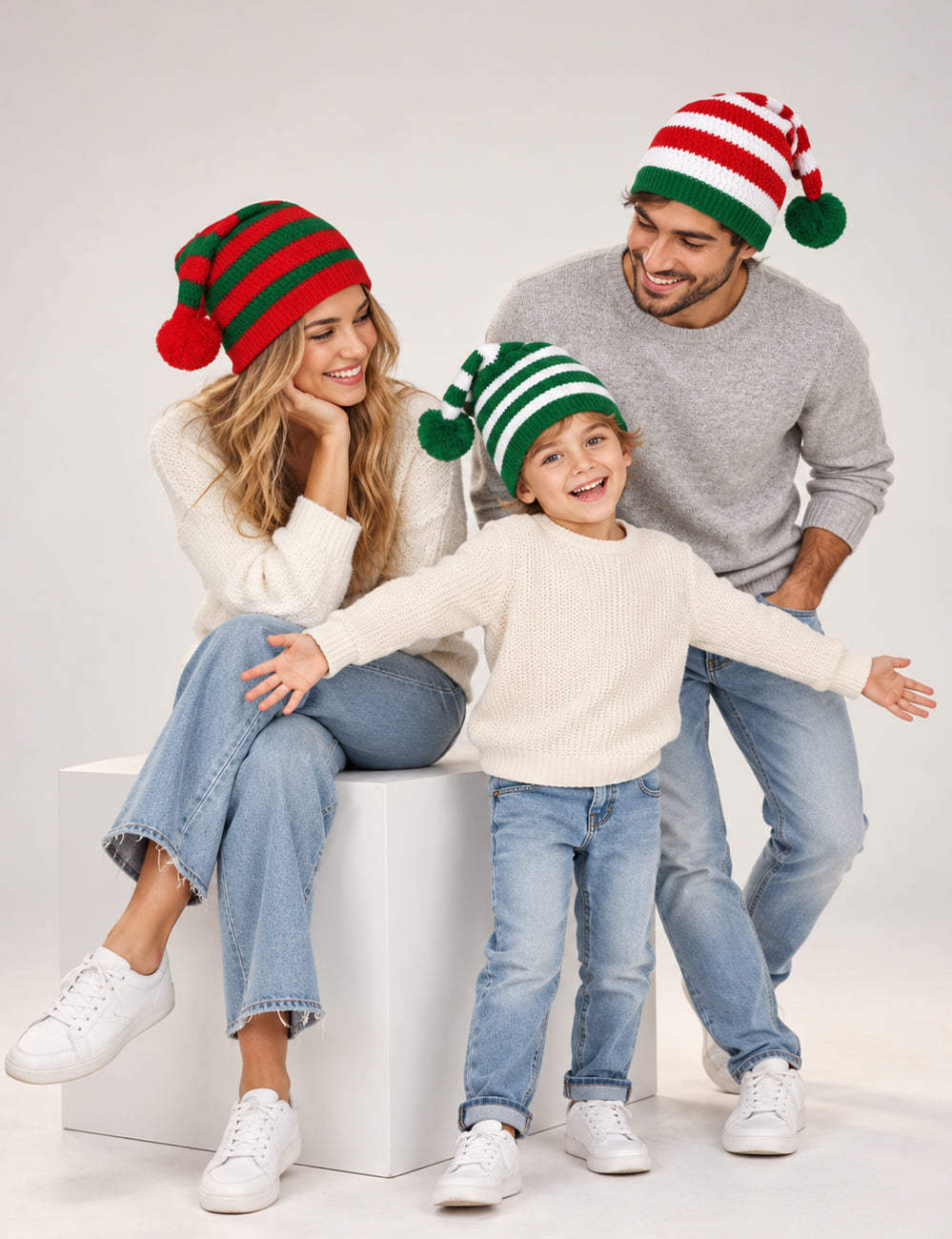 Ladies Holiday Casual Striped Pom Beanie Hat