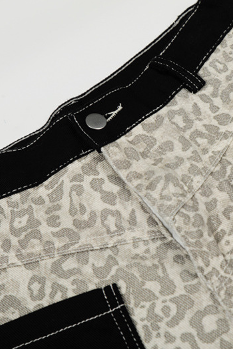 Unisex Spring Retro Colorblock Leopard Wide Straight Jeans