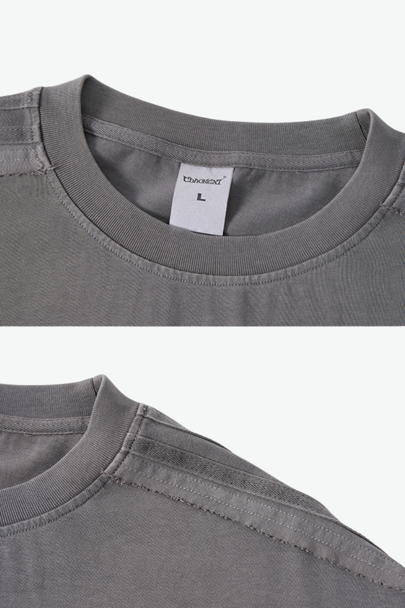 Men's 275g Cotton Washed Raw Edge Patchwork Sports Tee